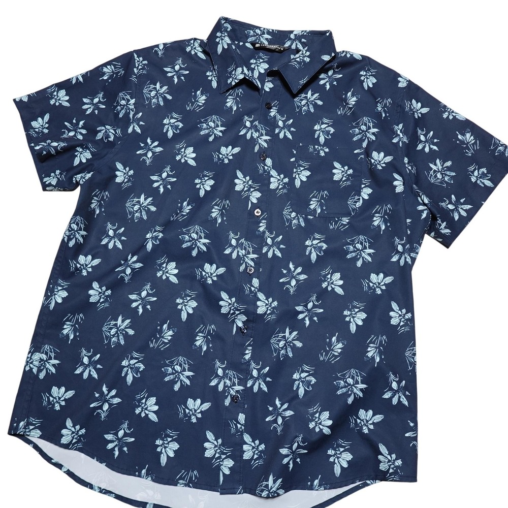 Travis Mathew Shirt Mens XL Blue Floral Short Sleeve Button Up Polyester Casual
